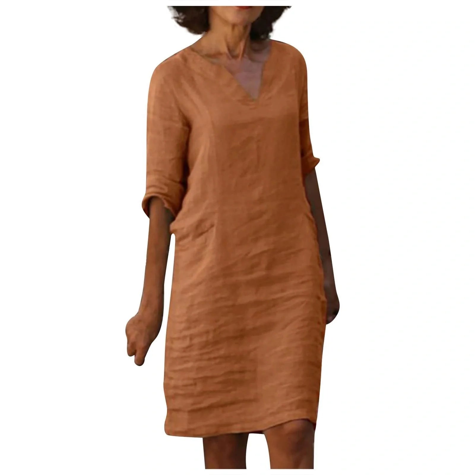 Retro high waist cotton-linen V-neck dress in various colours
