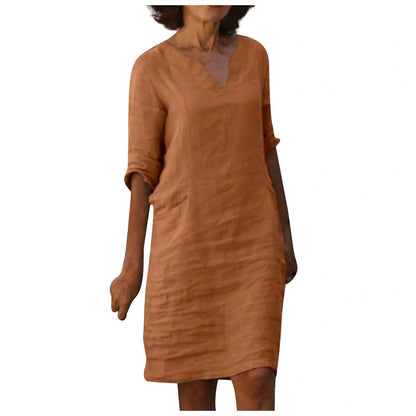Retro high waist cotton-linen V-neck dress in various colours