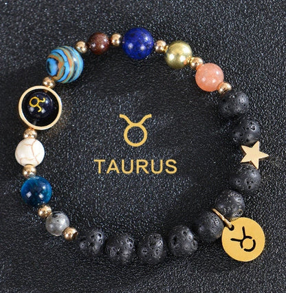Frosted Stone Beaded Zodiac Bracelet featuring detailed zodiac signs on natural stone beads