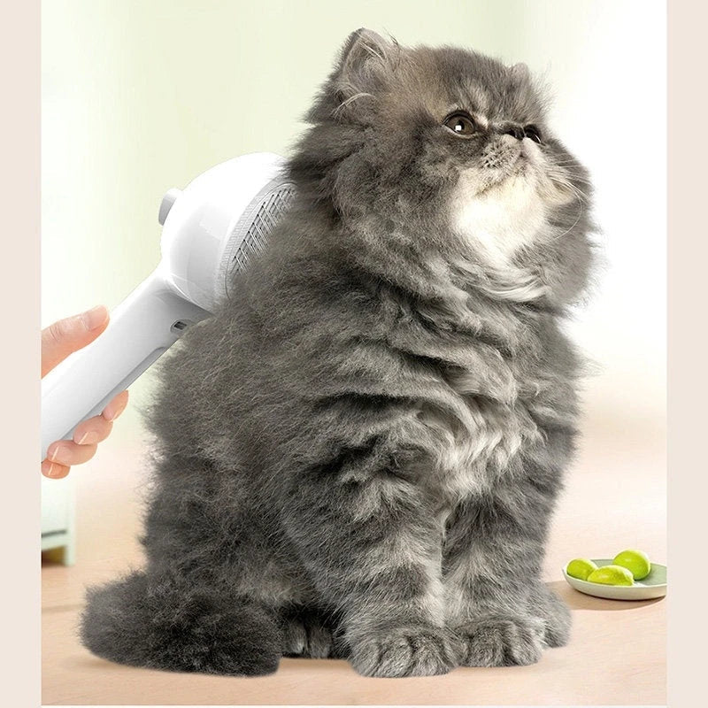 Versatile self-cleaning pet grooming brush with misting humidifier for removing tangles, mats, and loose fur from dogs and cats