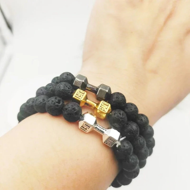 Men's fitness fashion dumbbell bracelet with black and white lava rock and alloy beads