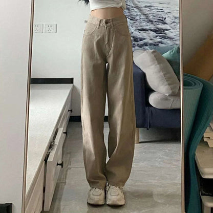 High waist wide leg jeans in khaki, retro style with button details