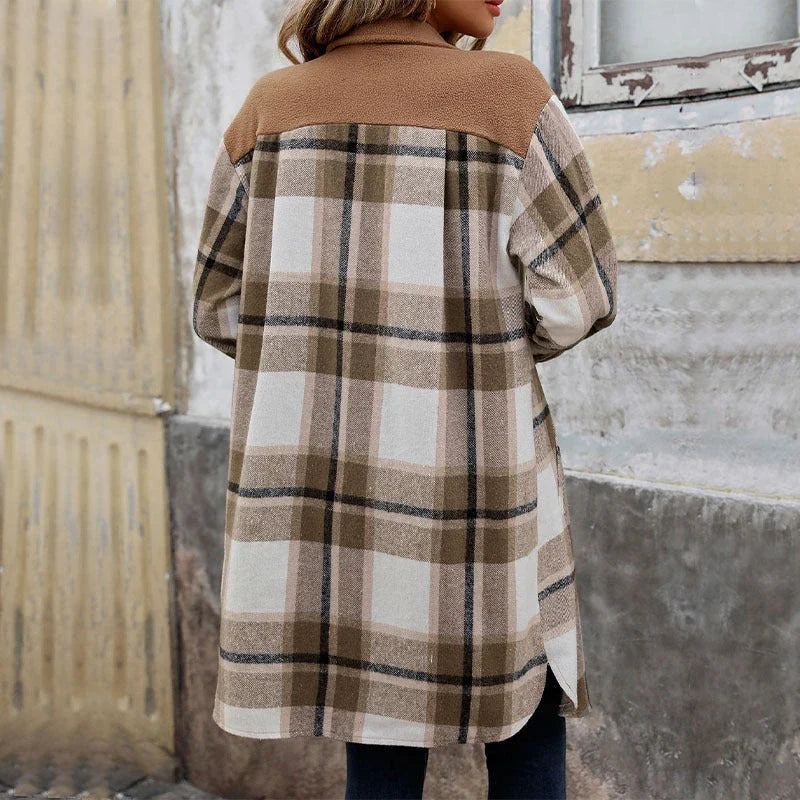 Stylish brushed plaid winter coat with pockets, available in various colors including Coffee, Grey, and Wine Red.