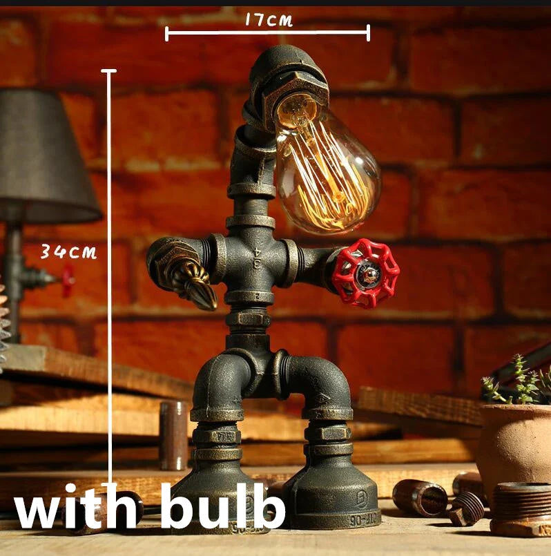 Vintage Industrial Table Lamp with Retro Water Pipe Design in Green Bronze Finish