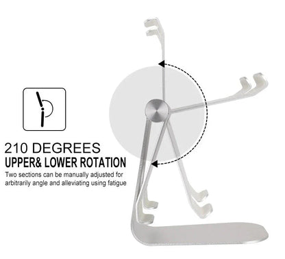 Adjustable tablet stand made of aluminium alloy with secure gripping hooks and soft protective cushions