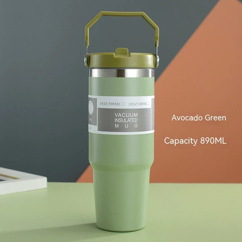 Stainless steel insulated tumbler with handle, available in multiple colors and sizes, designed to keep drinks hot or cold for hours.