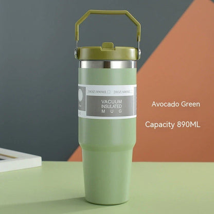 Stainless steel insulated tumbler with handle, available in multiple colors and sizes, designed to keep drinks hot or cold for hours.