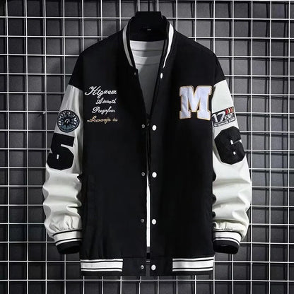 Stylish loose fit Hong Kong style baseball jacket for teens in black and beige