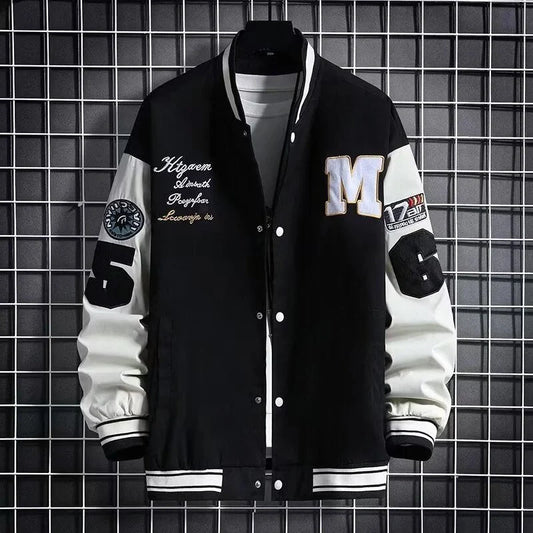Stylish loose fit Hong Kong style baseball jacket for teens in black and beige