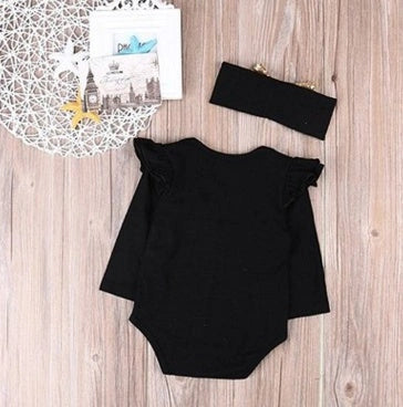 Adorable baby in hip-hop style cotton one-piece and head scarf set