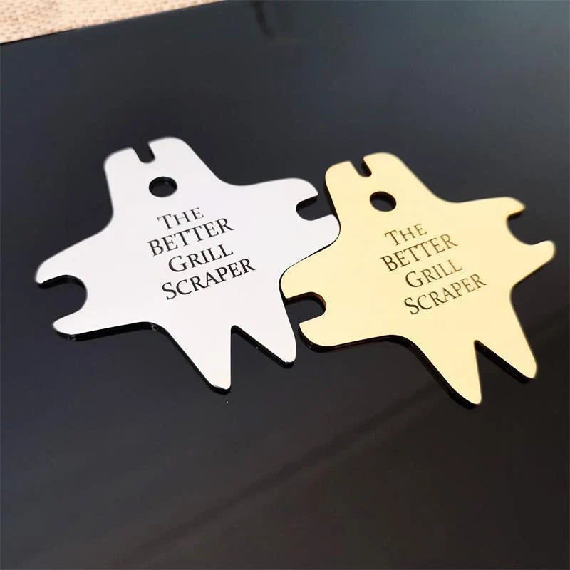 Premium stainless steel barbecue grill scraper in classic gold and silver finishes for efficient cleaning and maintenance of outdoor cooking surfaces