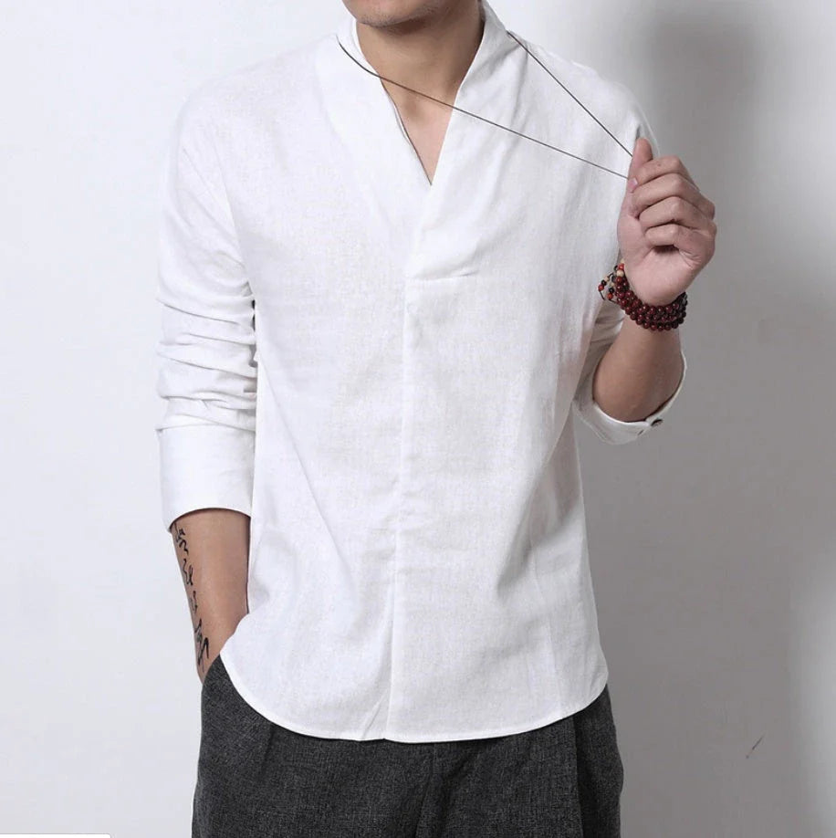 Stylish men's long-sleeved linen shirt with Mandarin collar in a range of sophisticated colours