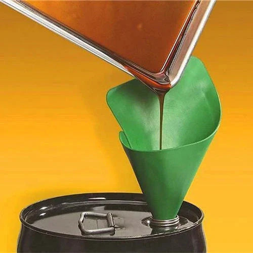Multipurpose flexible automotive funnel in green colour, used for transferring fluids and dry ingredients while preventing spills