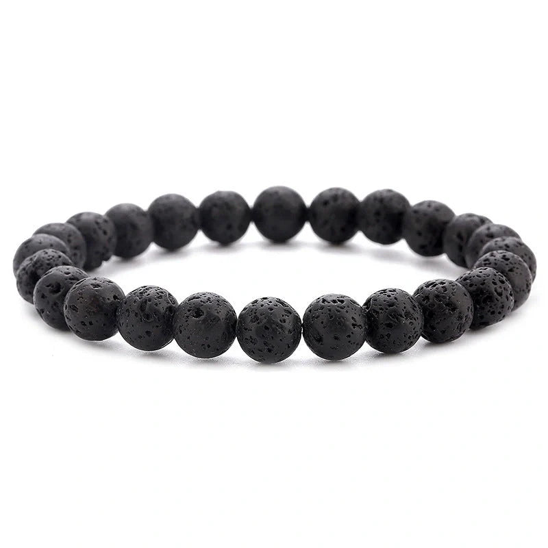 Natural Black Lava Rock and White Stone Stretch Bracelet showcasing unique natural stone beads