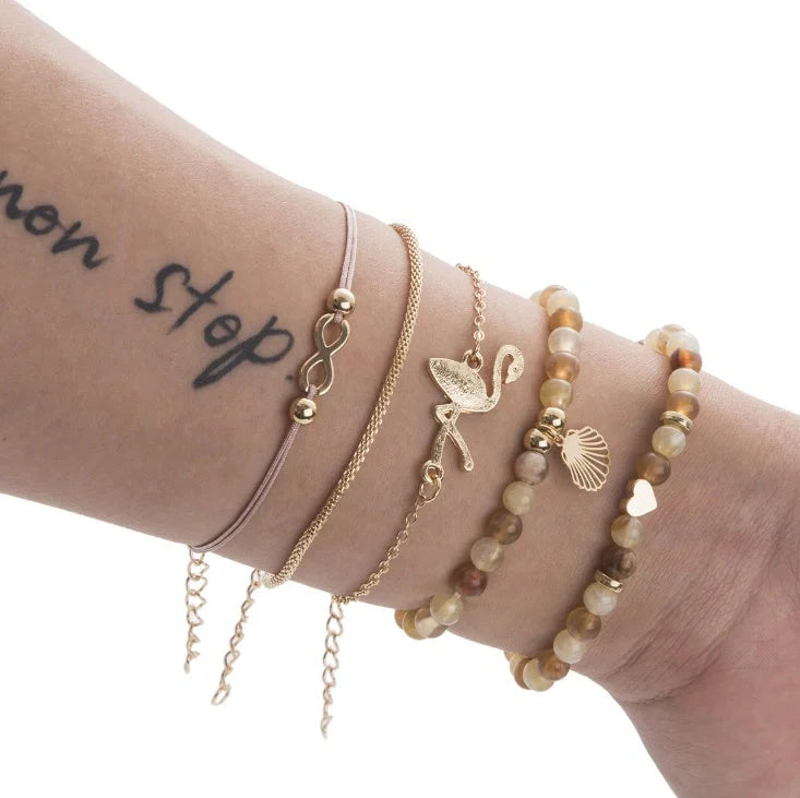 Bead Chain Bracelet Set featuring star and moon design in alloy material