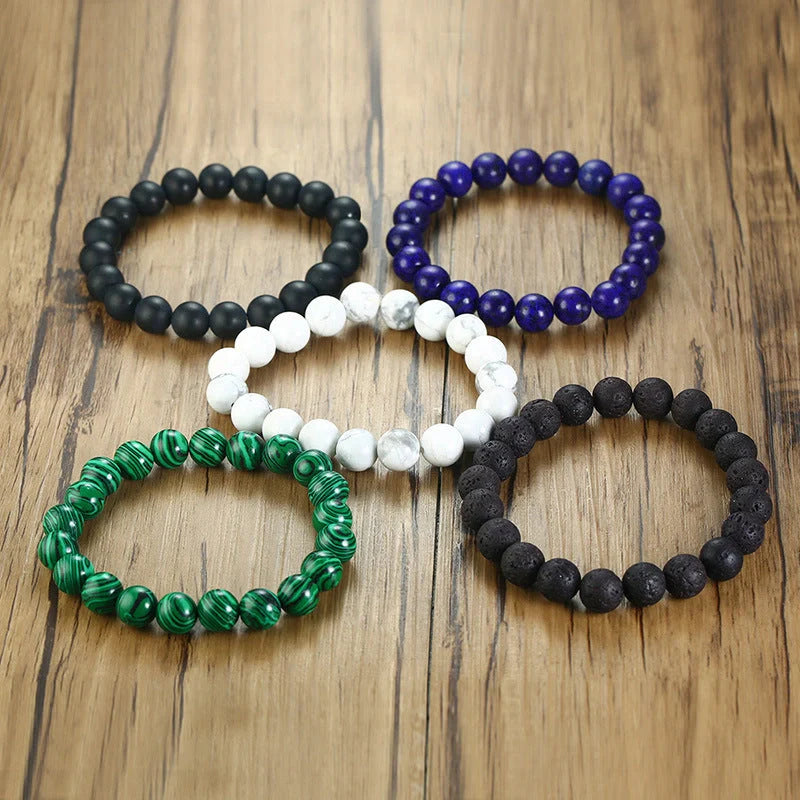 Natural Black Lava Rock and White Stone Stretch Bracelet showcasing unique natural stone beads