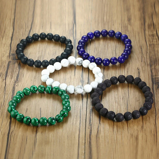 Natural Black Lava Rock and White Stone Stretch Bracelet showcasing unique natural stone beads