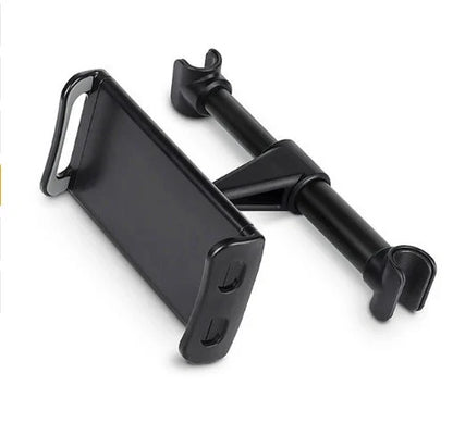 Adjustable car headrest mount for holding smartphones and tablets, with 360-degree swivel and telescopic arm for optimal viewing