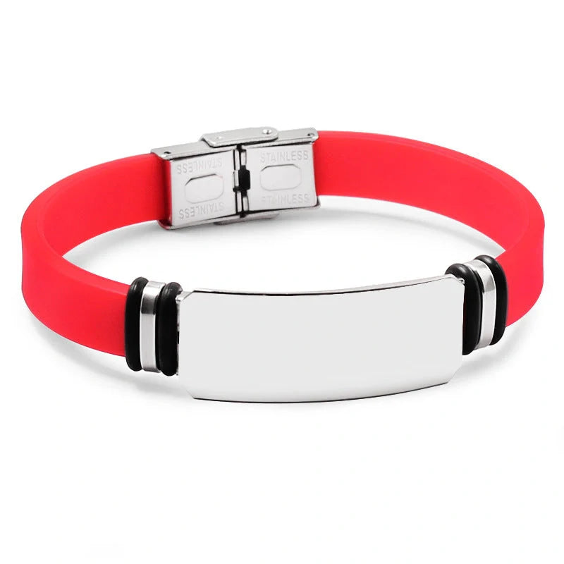 Custom engraved silicone bracelet with stainless steel accents in various colours