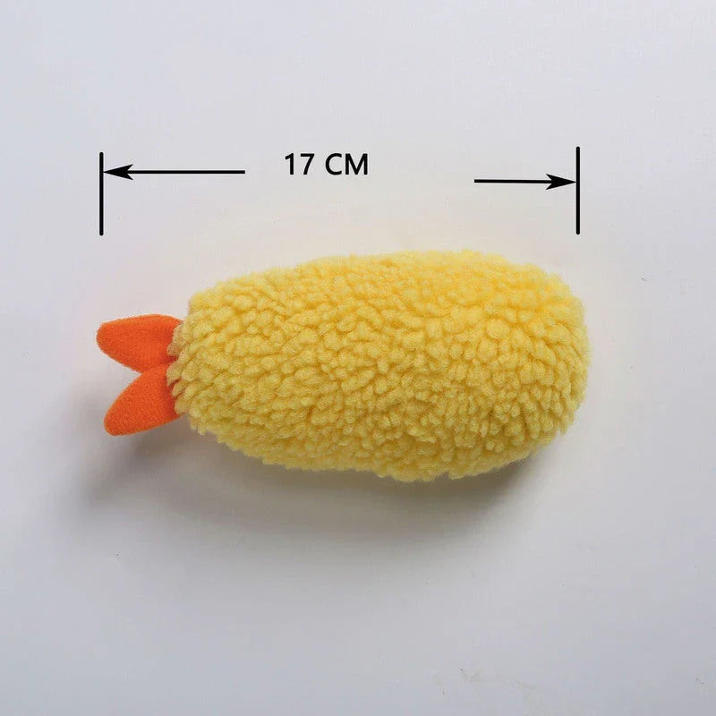 Adorable plush fried shrimp tempura squeaky dog toy for chewing, dental care, and anxiety relief