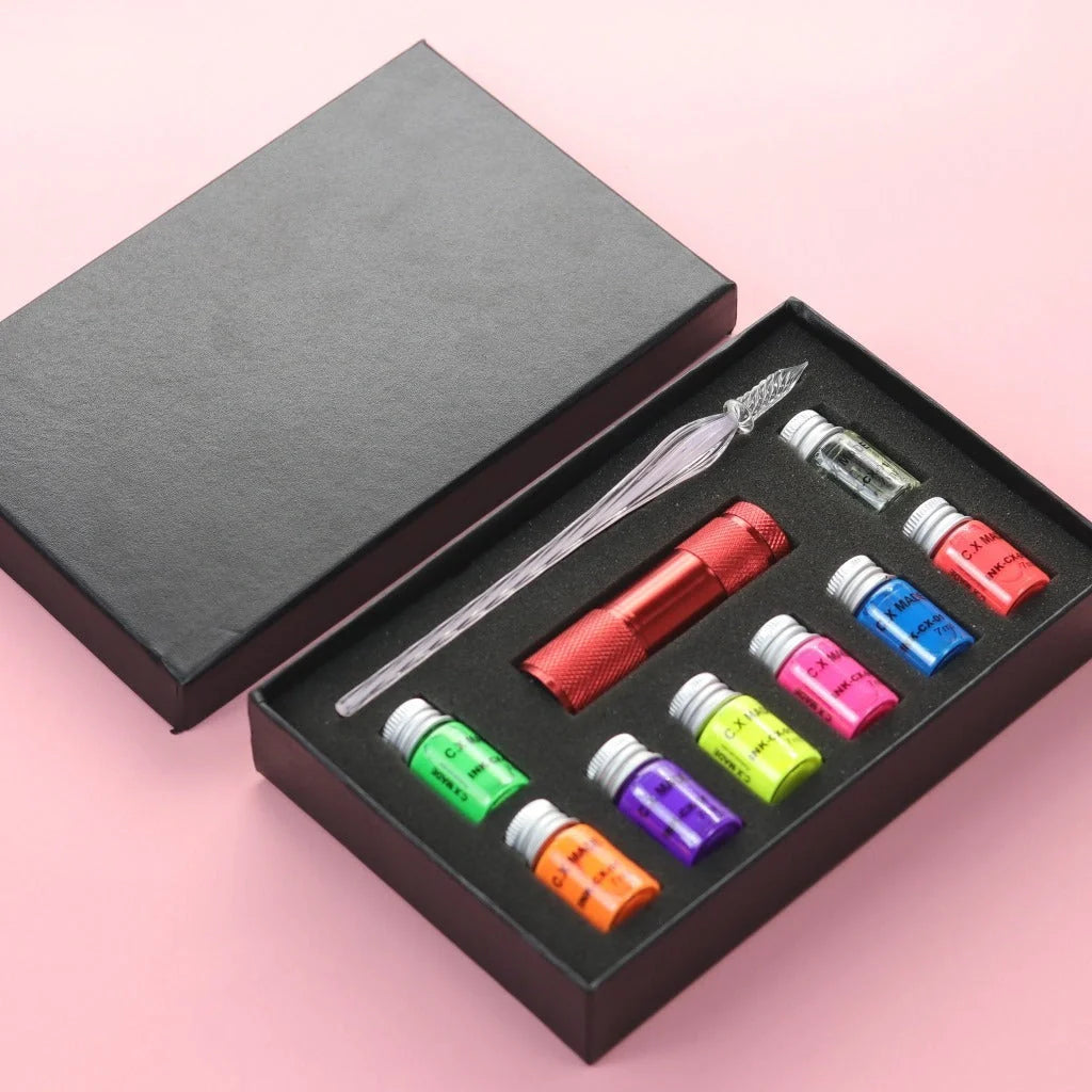 Fluorescent fountain pen dip ink set with eight glow-in-the-dark colours