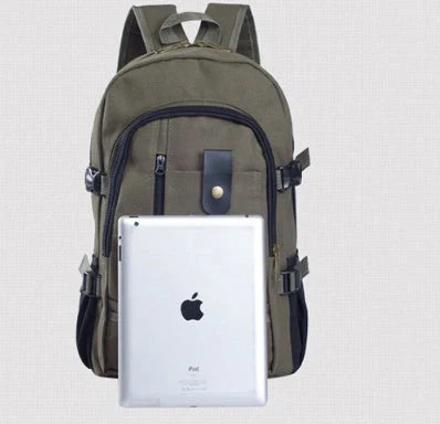 Men's canvas backpack with zippered opening, available in multiple colours including coffee, light khaki, and black.