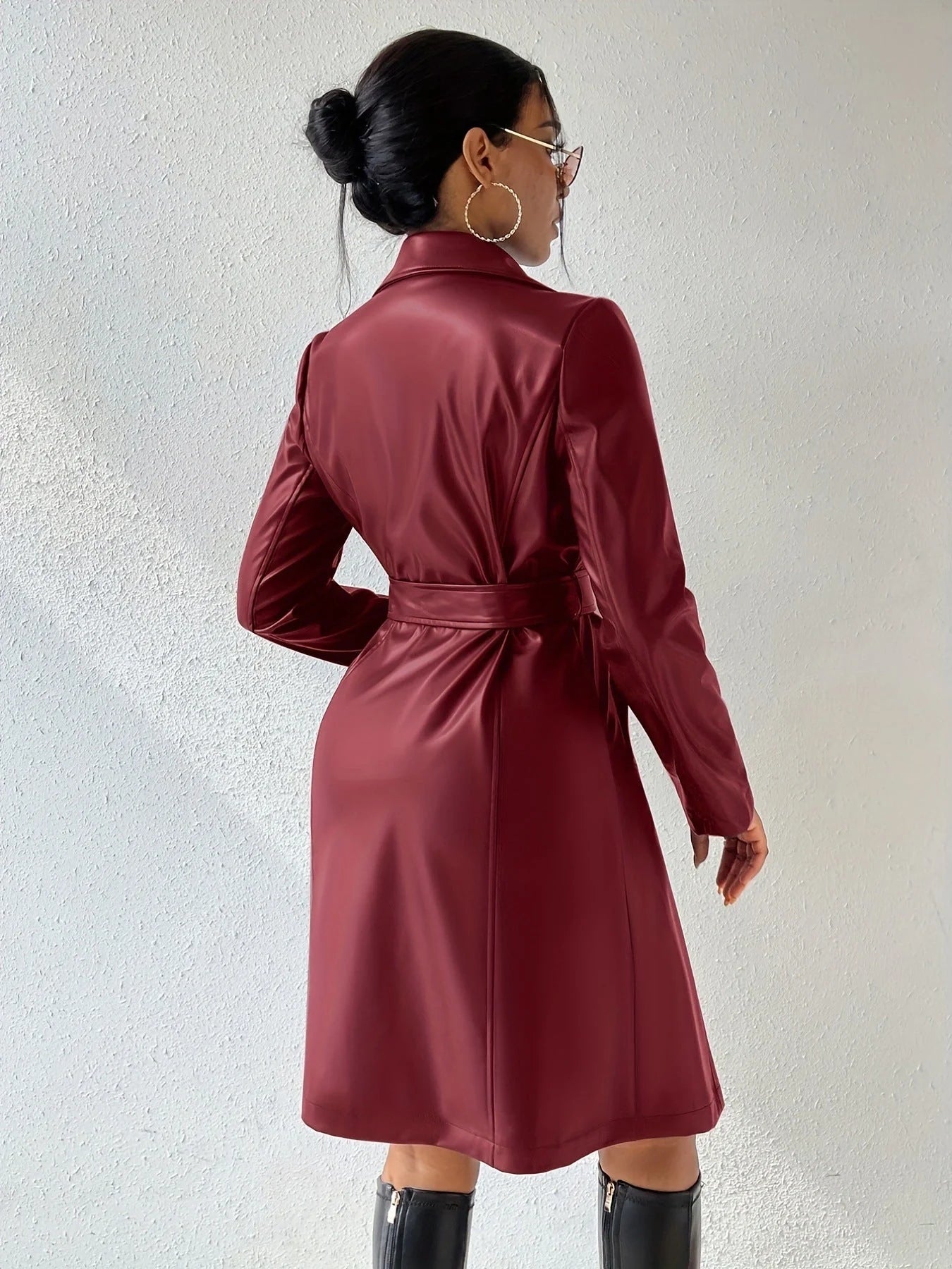Stylish slim-fit PU leather trench coat for women in various colours, including black, brown, rose red, and wine red.