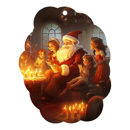 Festive car ornament hanging from rearview mirror with Christmas designs