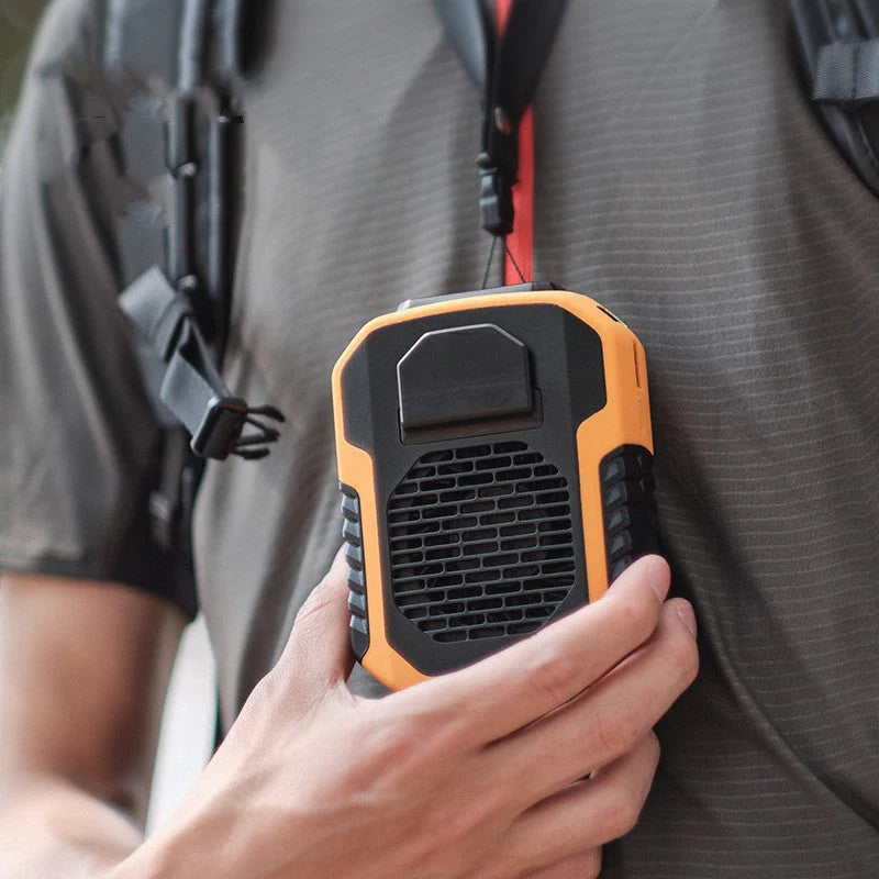 Portable waist fan with USB charging in green, black, and orange