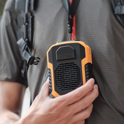 Portable waist fan with USB charging in green, black, and orange
