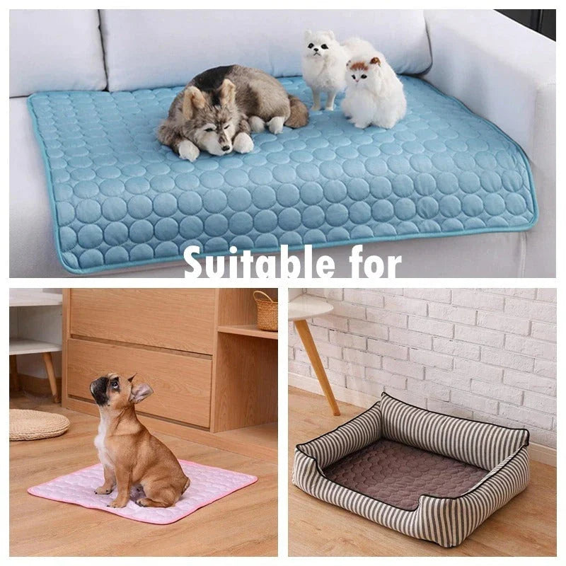 A cooling mat for pets in various sizes and colors, designed to provide refreshing comfort and temperature regulation.