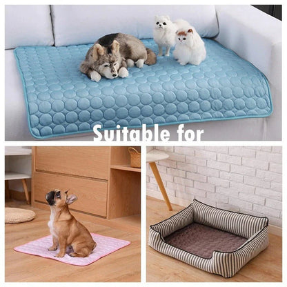 A cooling mat for pets in various sizes and colors, designed to provide refreshing comfort and temperature regulation.