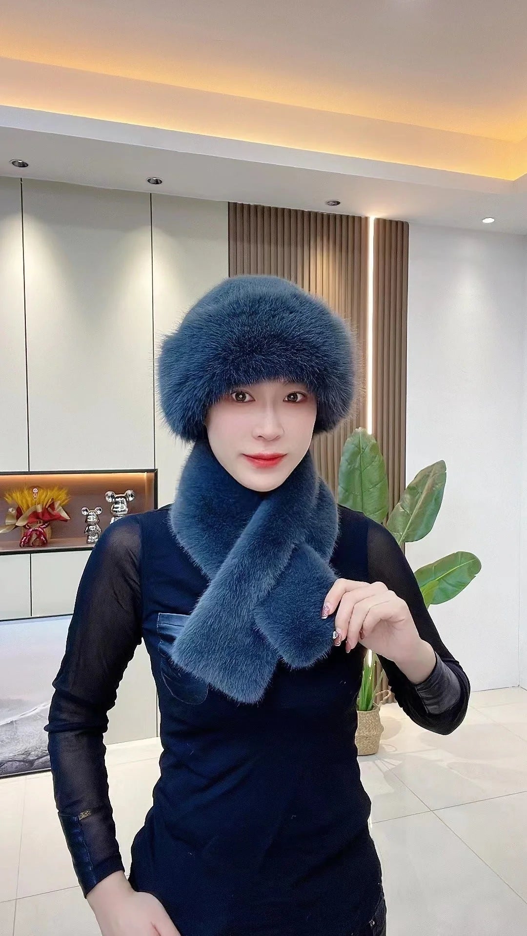 Cosy Mongolian-style unisex winter hat and scarf set in various colours, including black, white, beige, brown, pink, violet, grey, and red