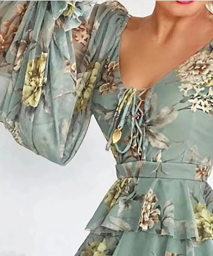Women's green lace-up ruffled V neck waist dress with long sleeves