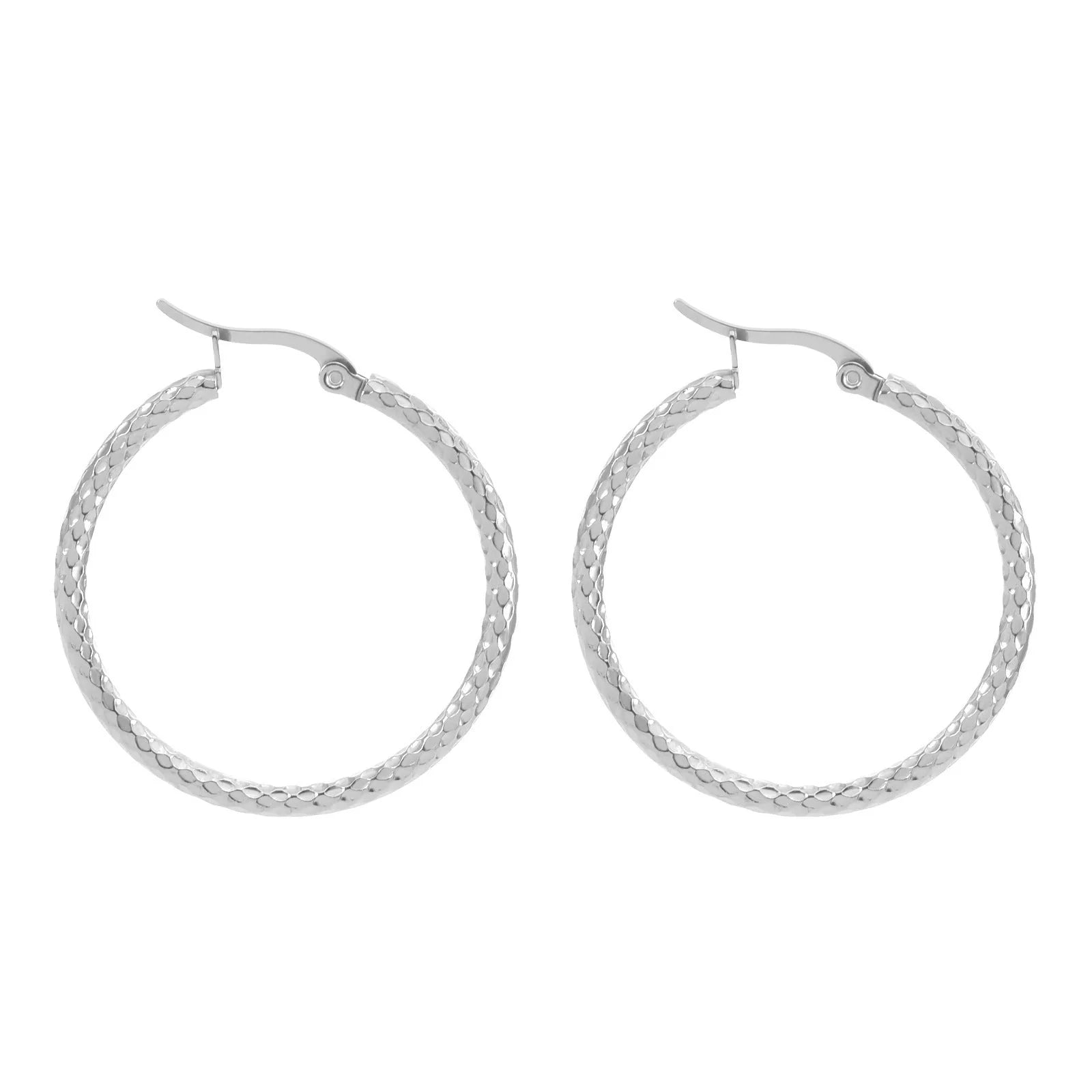 Elegant 18K gold-plated round ring earrings with embossed detail, perfect for any occasion.
