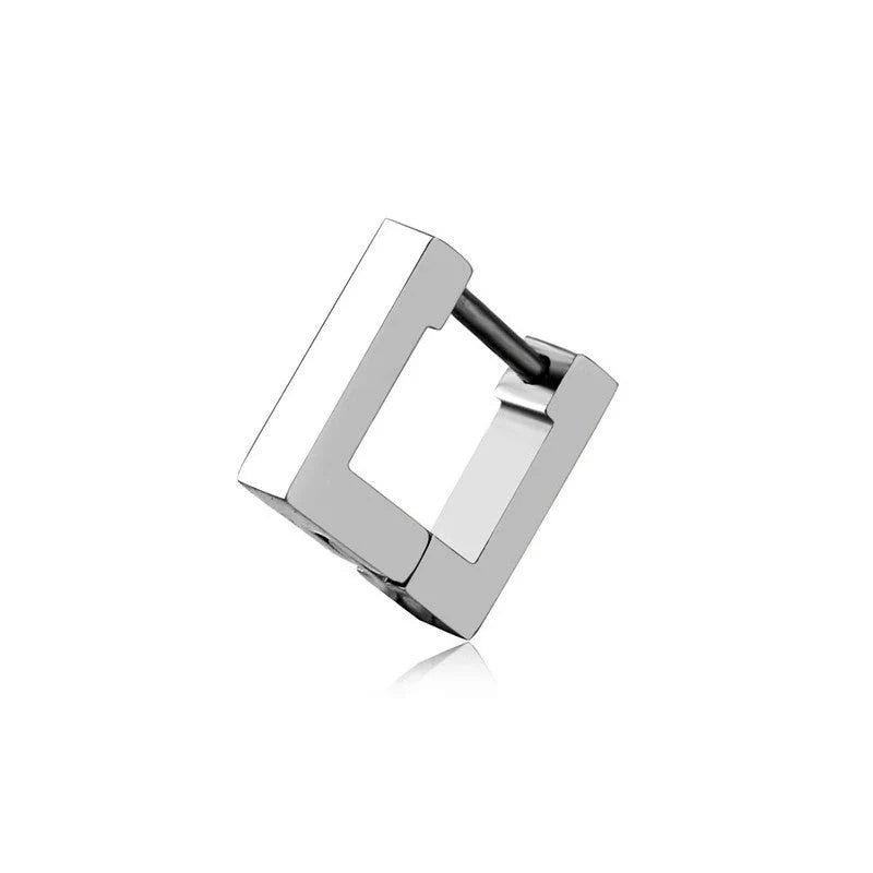 Stainless steel triangular hoop earrings in white, black, and gold options
