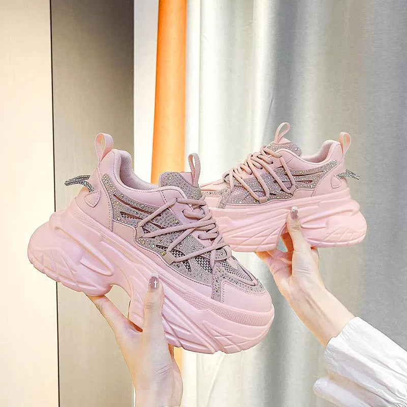 Women's Summer Mesh Breathable All-match Sneakers in black, white, and pink with mid heel