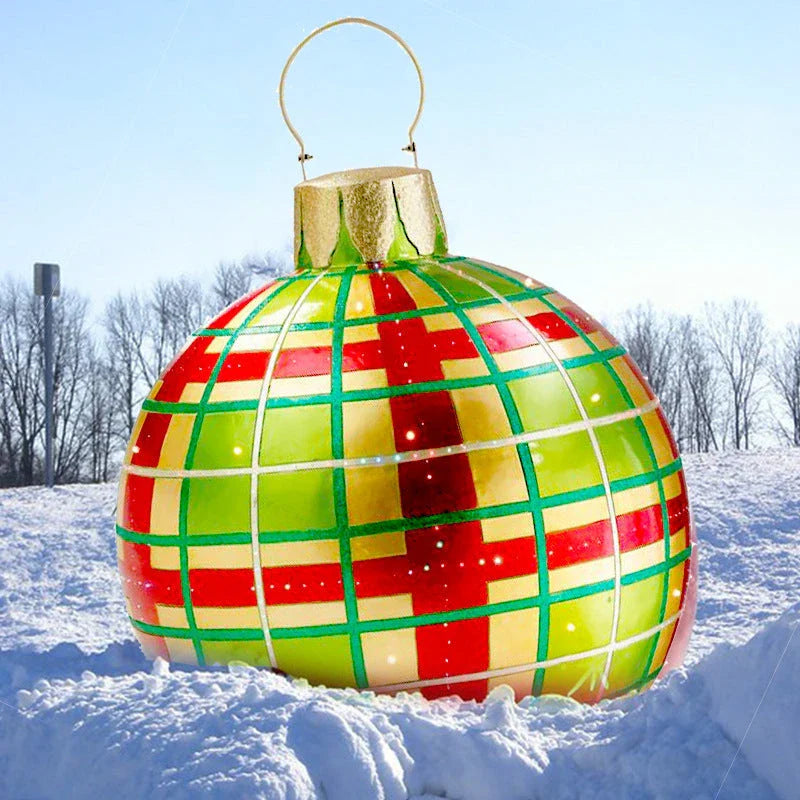 Inflatable Christmas baubles in various festive designs for outdoor holiday decoration