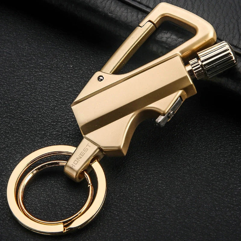Metal keychain lighter with flint starter and bottle opener in various finishes
