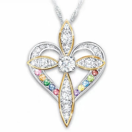 Elegant heart-shaped cross pendant necklace with adjustable chain, perfect for unisex wear.