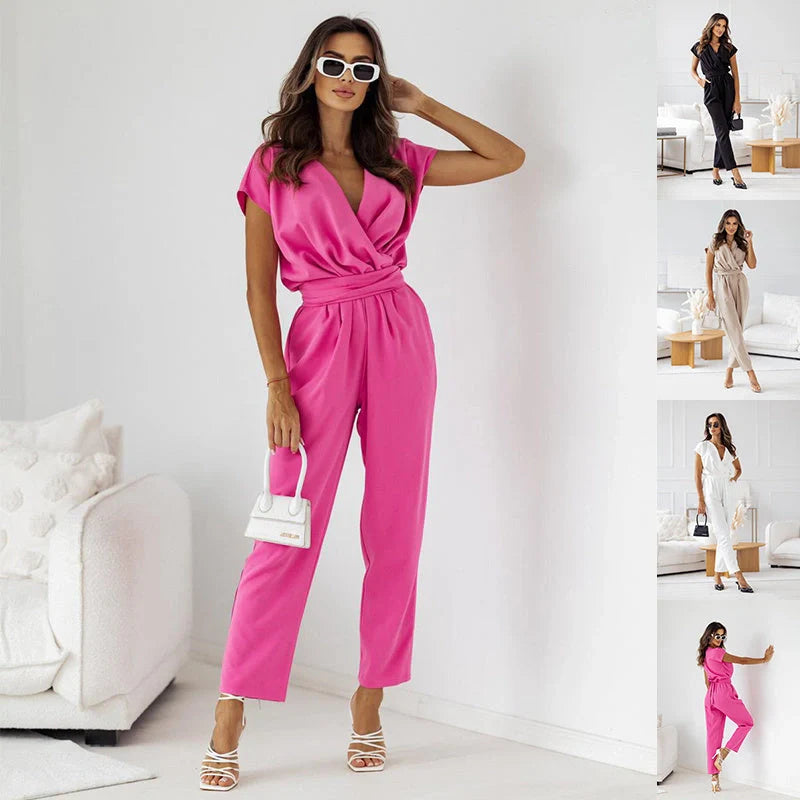 Women's slimming short-sleeved jumpsuit with lace-up trousers in various colours