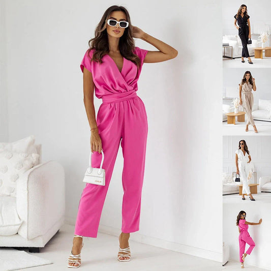 Women's slimming short-sleeved jumpsuit with lace-up trousers in various colours
