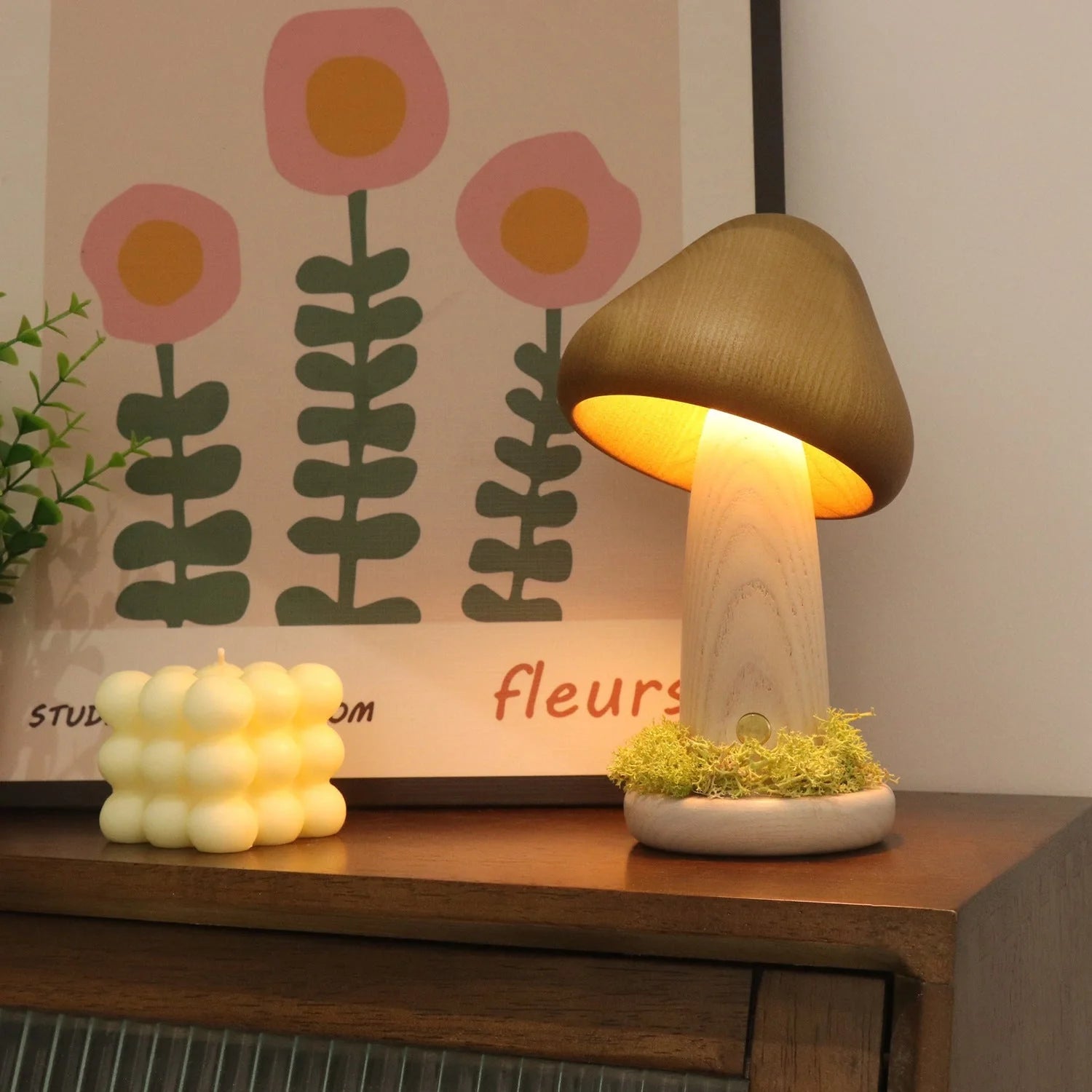Twisted Mushroom Night Light in beech wood with USB charging