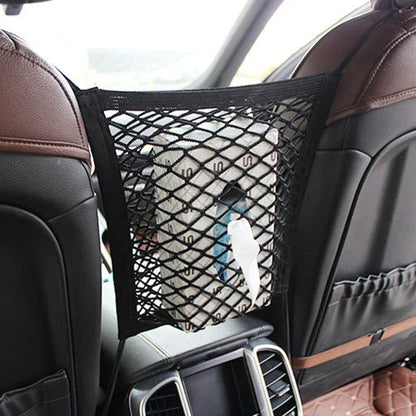 A versatile car backseat organizer with an elastic storage net that expands to fit different vehicle models