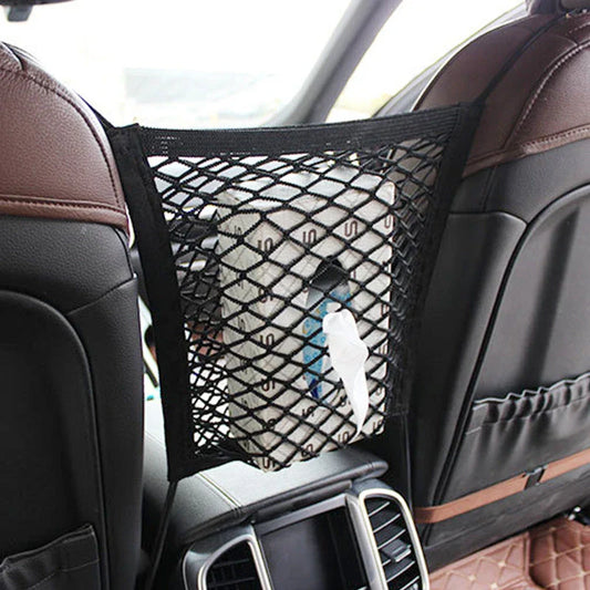 A versatile car backseat organizer with an elastic storage net that expands to fit different vehicle models