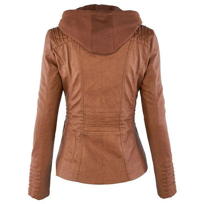 Versatile hooded leather jacket with spacious pockets and a sleek, sophisticated design for women