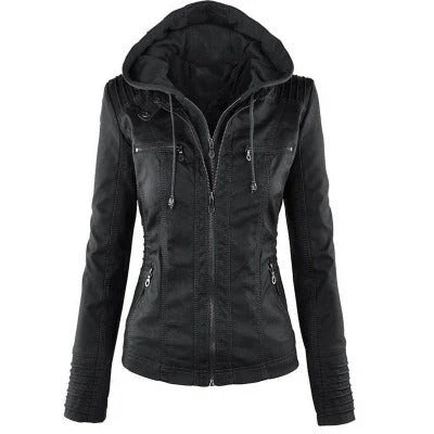 Versatile hooded leather jacket with spacious pockets and a sleek, sophisticated design for women
