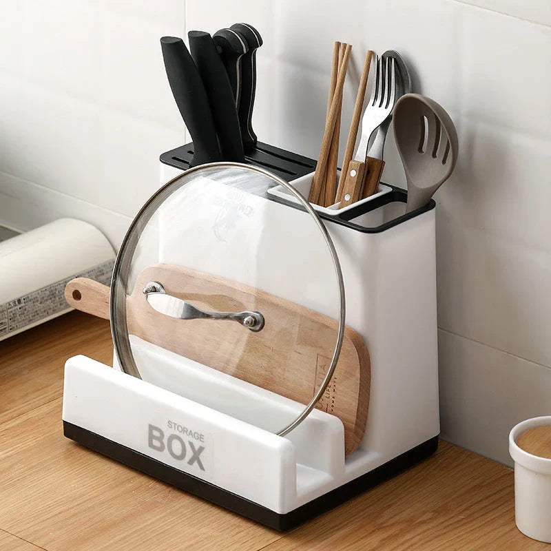 Convenient kitchen organizer with integrated storage shelves for tableware and knives