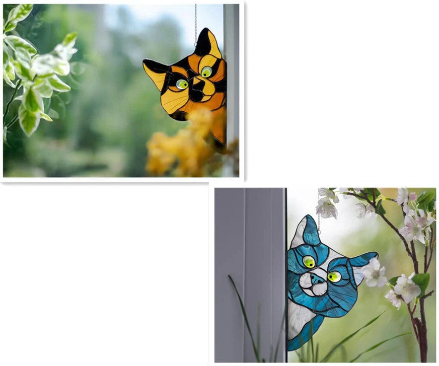 Colourful stained glass cat window hanger decoration, reusable PVC sticker