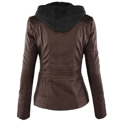 Versatile hooded leather jacket with spacious pockets and a sleek, sophisticated design for women